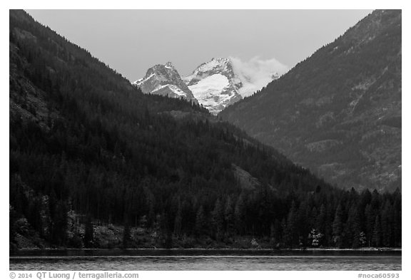 Snowy peaks above Stehekin and Lake Chelan,  North Cascades National Park Service Complex.  (black and white)