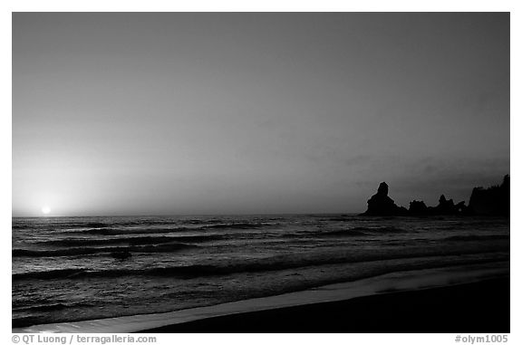Shi-shi beach with sun setting. Olympic National Park (black and white)