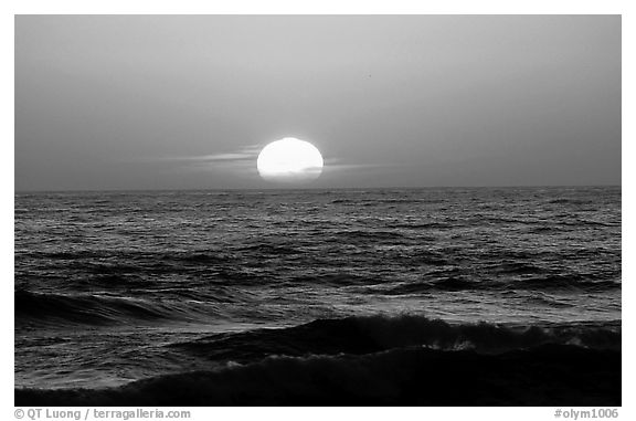 Disc of sun setting in  pacific, Shi-shi beach. Olympic National Park (black and white)