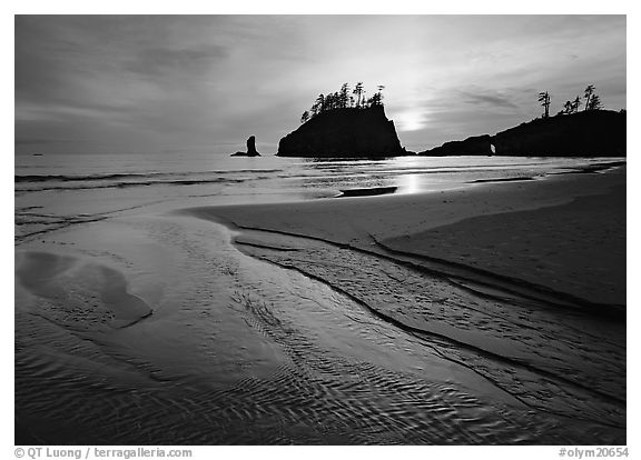 Stream, beach, and sea stacks at sunset, Second Beach. Olympic National Park (black and white)