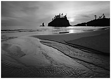 Stream, beach, and sea stacks at sunset,  Second Beach. Olympic National Park ( black and white)