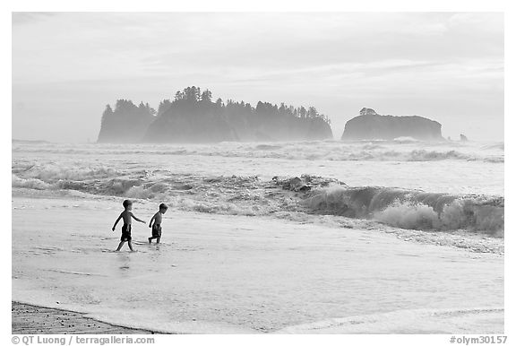 Children playing in water in front of sea stacks, Rialto Beach. Olympic National Park, Washington, USA.
