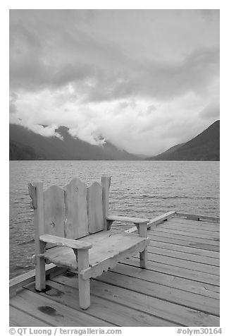 Chair on pier, Crescent Lake. Olympic National Park (black and white)