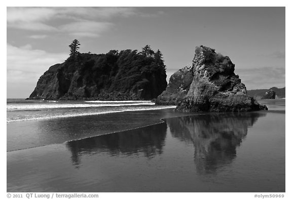 Sea stacks reflected on wet beach, Ruby Beach. Olympic National Park (black and white)