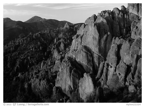 High Peaks with Chalone Peak in the distance, sunrise. Pinnacles National Park (black and white)