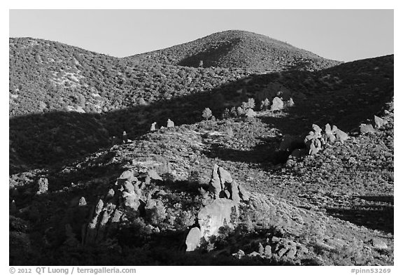 Rolling Gabilan Mountains with rocks and chaparral. Pinnacles National Park, California, USA.