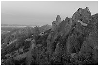 High Peaks rock crags at dusk. Pinnacles National Park ( black and white)
