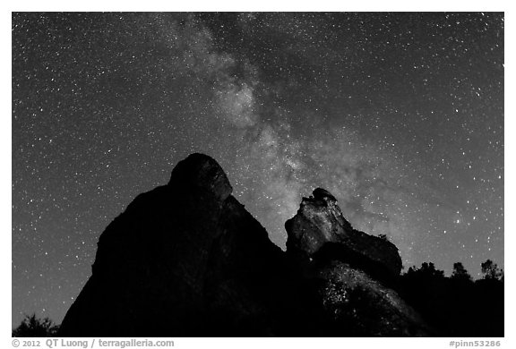 Night sky with Milky Way above High Peaks rocks. Pinnacles National Park (black and white)