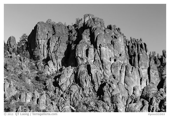 Volcanic rocks form spires and crags. Pinnacles National Park (black and white)