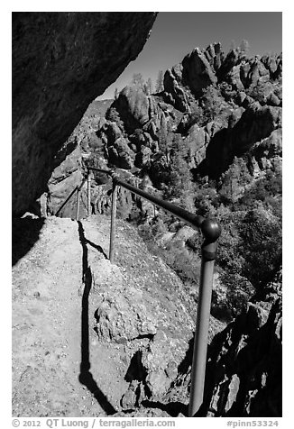 Trail on narrow ledge. Pinnacles National Park (black and white)