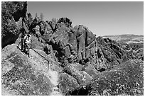 Hikers on rugged section of High Peaks trail. Pinnacles National Park ( black and white)