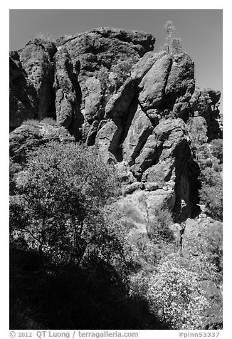 Cliffs of reddish rock. Pinnacles National Park (black and white)