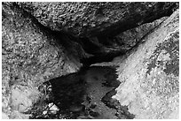 Creek flowing under boulder. Pinnacles National Park ( black and white)
