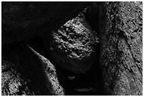 Dark passage with wedged boulder, Balconies Cave. Pinnacles National Park ( black and white)