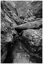 Chalone Creek flowing amongst boulders. Pinnacles National Park, California, USA. (black and white)