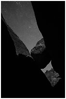 Sky with stars above Balconies Cave. Pinnacles National Park ( black and white)