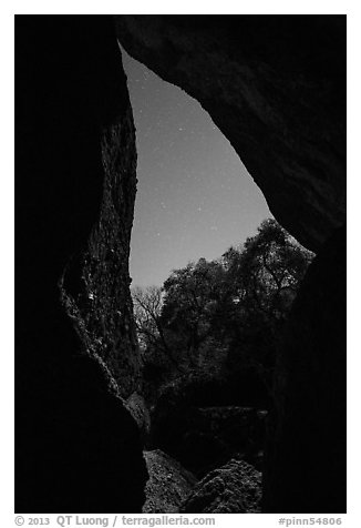 Looking out Balconies Cave at night. Pinnacles National Park (black and white)