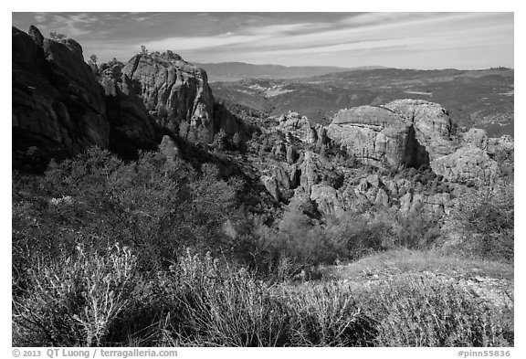 West side rock formations and spring wildflowers. Pinnacles National Park (black and white)