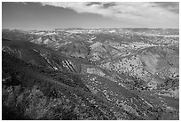 Looking towards San Andreas rift zone from Chalone Peak. Pinnacles National Park, California, USA. (black and white)