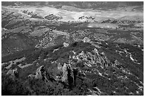 Pinnacles and hills from South Chalone Peak. Pinnacles National Park, California, USA. (black and white)