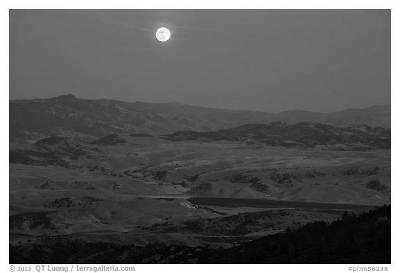 Moon and distant hills from North Chalone Peak. Pinnacles National Park (black and white)