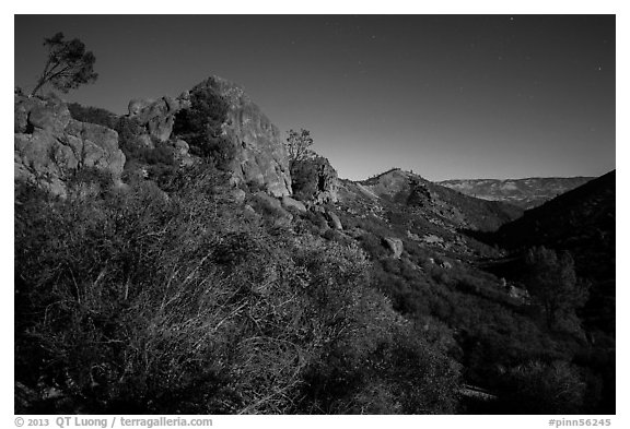 Moonlit landscape with rock towers. Pinnacles National Park (black and white)
