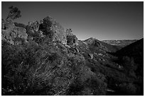 Moonlit landscape with rock towers. Pinnacles National Park ( black and white)