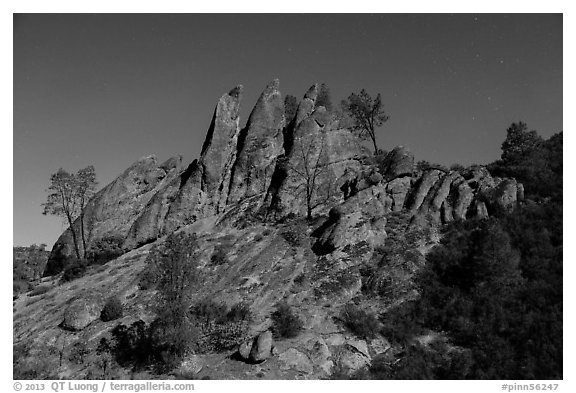 Rock pinnacles by lit by full moon. Pinnacles National Park, California, USA.