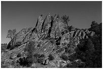 Rock pinnacles by lit by full moon. Pinnacles National Park, California, USA. (black and white)