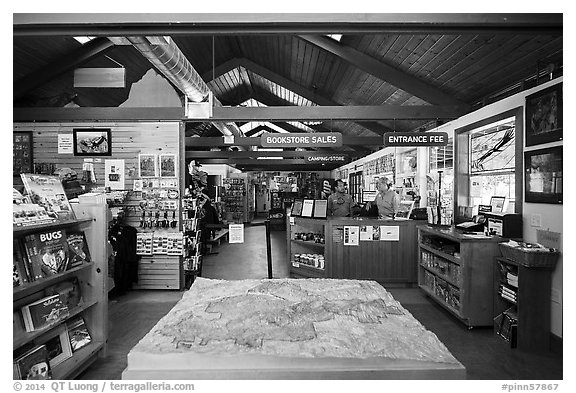 Inside Pinnacles Visitor Center and camping store. Pinnacles National Park (black and white)