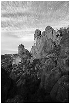 Rock towers and cirrocumulus clouds. Pinnacles National Park ( black and white)
