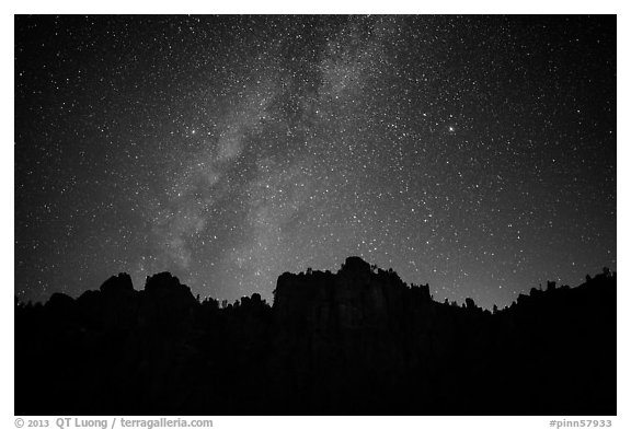 High Peaks pinnacles and Milky Way. Pinnacles National Park (black and white)