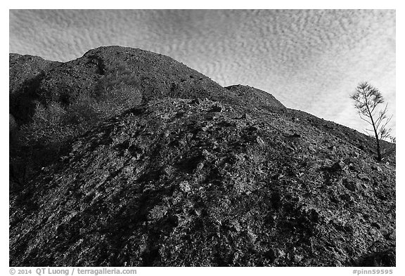 Rock with knobs and cobbles and sky with cloudlets. Pinnacles National Park (black and white)