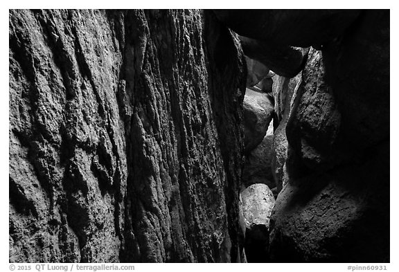 Narrow talus cave, Bear Gulch Cave. Pinnacles National Park (black and white)