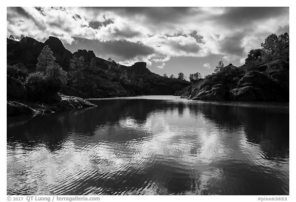Bear Gulch Reservoir overflowing. Pinnacles National Park (black and white)