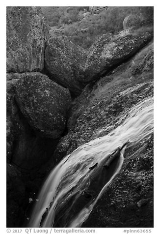Bear Gulch Reservoir waterfall and boulder cave. Pinnacles National Park (black and white)