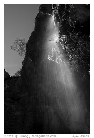 Moses Spring waterfall (slow). Pinnacles National Park (black and white)