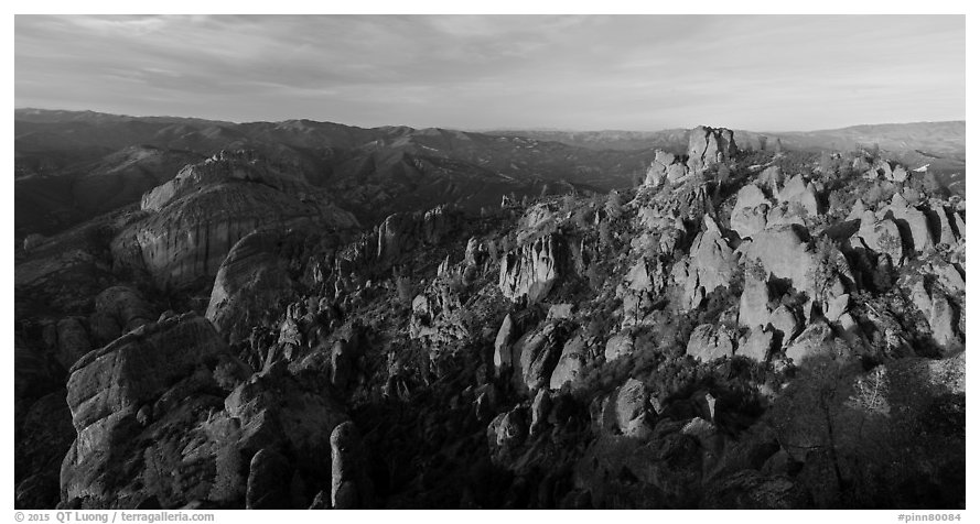 Balconies cliffs and rock pinnacles at sunset. Pinnacles National Park (black and white)