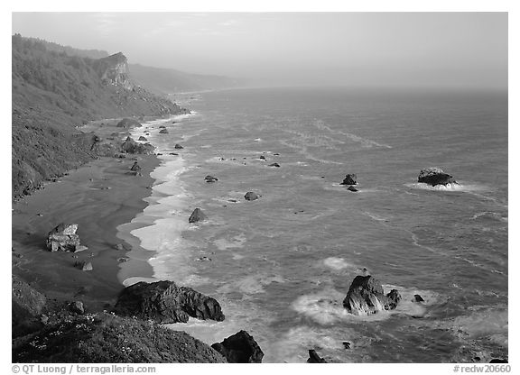 Split Rock from High Bluff overlook, sunset. Redwood National Park (black and white)
