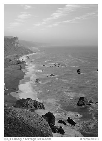 Coast from High Bluff overlook, sunset. Redwood National Park (black and white)