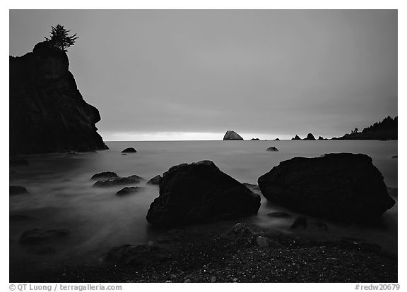 Rocks and seastacks, cloudy sunset. Redwood National Park (black and white)