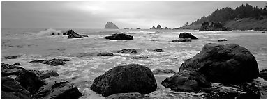 Misty seascape with boulders. Redwood National Park (Panoramic black and white)