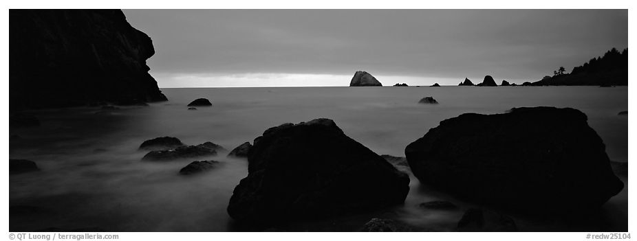 Boulders and seastacks and dusk. Redwood National Park (black and white)