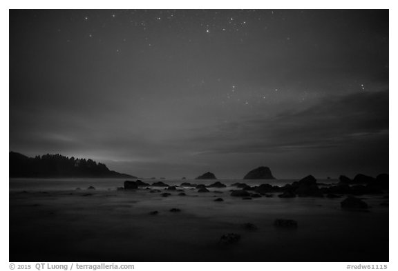 Rocks and seastacks at night, False Klamath Cove. Redwood National Park (black and white)