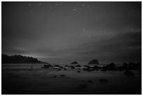 Rocks and seastacks at night, False Klamath Cove. Redwood National Park ( black and white)