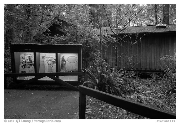 Exhibit and visitor center, Jedediah Smith Redwoods State Park. Redwood National Park (black and white)