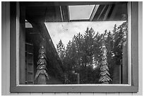 Redwood forest, Hiouchi Information center window reflexion. Redwood National Park ( black and white)