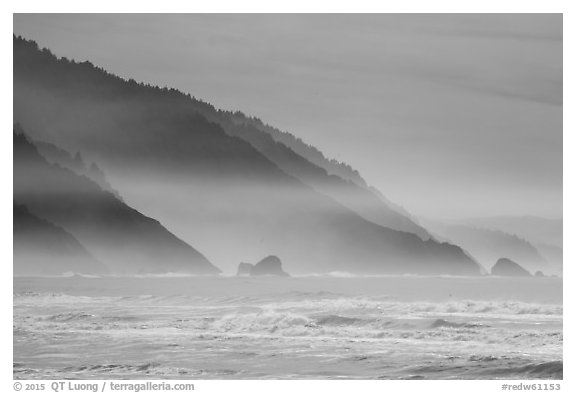 Surf and Coastal hills, Crescent Beach. Redwood National Park (black and white)