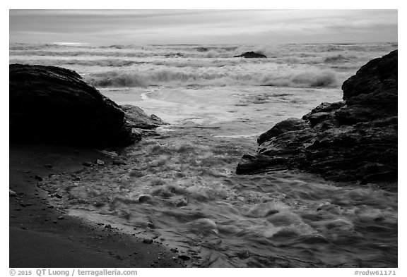 Stream meeting ocean, Enderts Beach. Redwood National Park (black and white)
