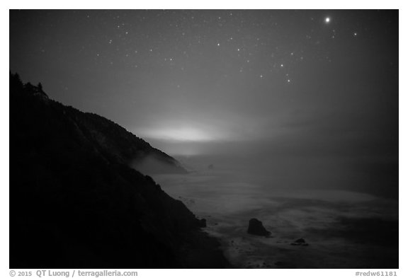 Coastal hills above Enderts Beach at night. Redwood National Park (black and white)